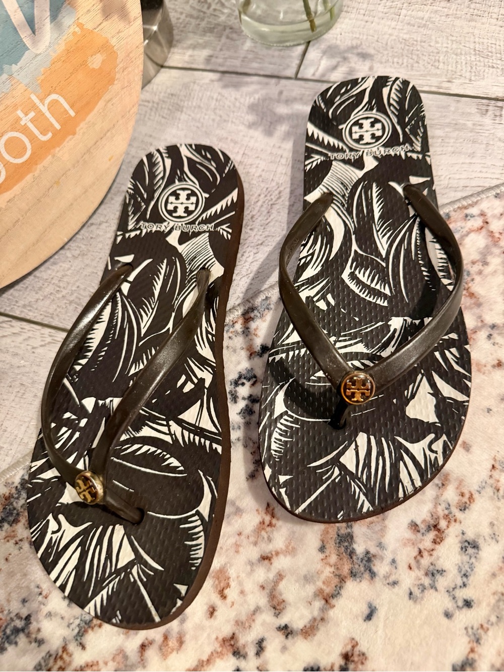 Tory Burch Tropical Print Logo Flip Flops